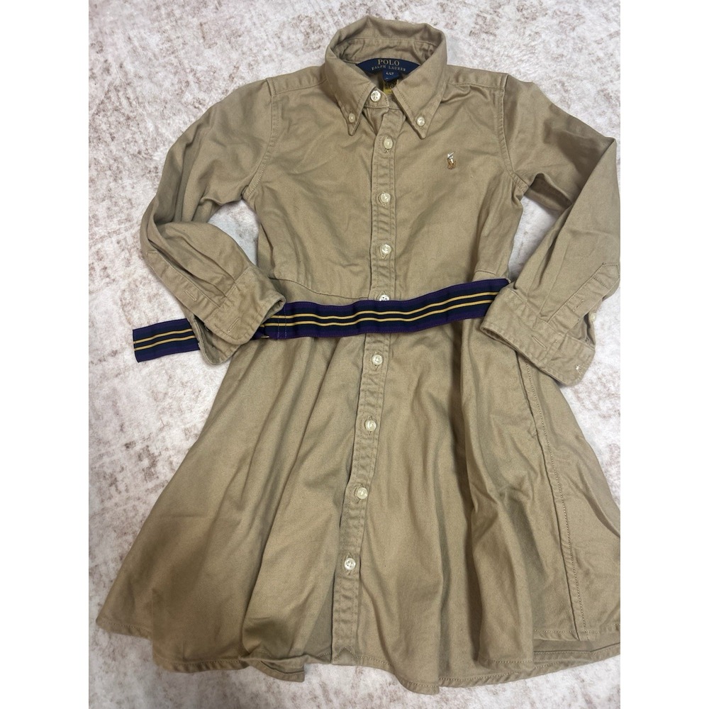 RALPH LAUREN Shirt-Dress Size 4‎ Girls Belted Chino Long Sleeve Khaki - Picture 2 of 11